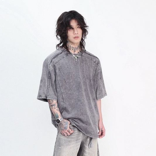 Cut Patchwork Zipper Oversize Short Sleeve T-Shirt WN24444