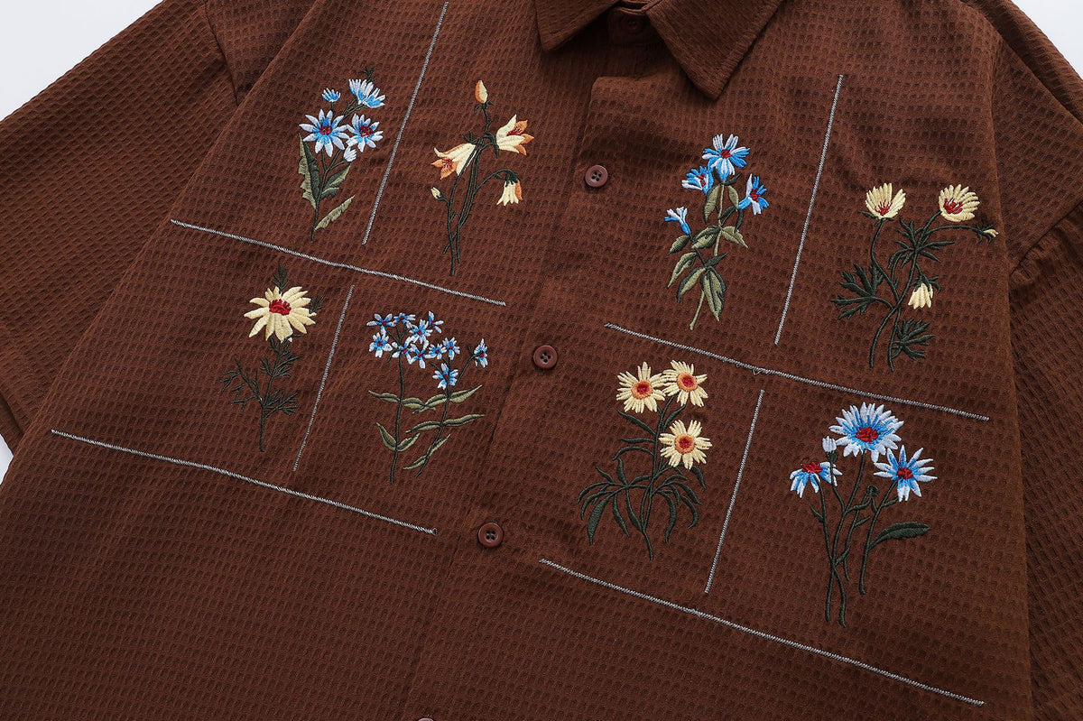 Flower Embroidery Waffle Short Sleeve Shirt WN26913