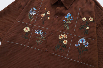 Flower Embroidery Waffle Short Sleeve Shirt WN26913