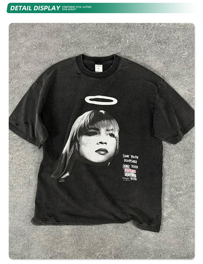 Washed Damage Digital Spray Print Short Sleeve T-Shirt WN16279