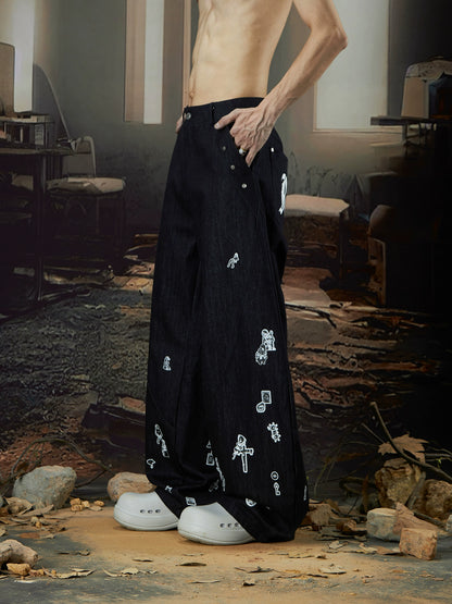 Fun Patch Embroidery Wide Leg Denim Jeans WN18424
