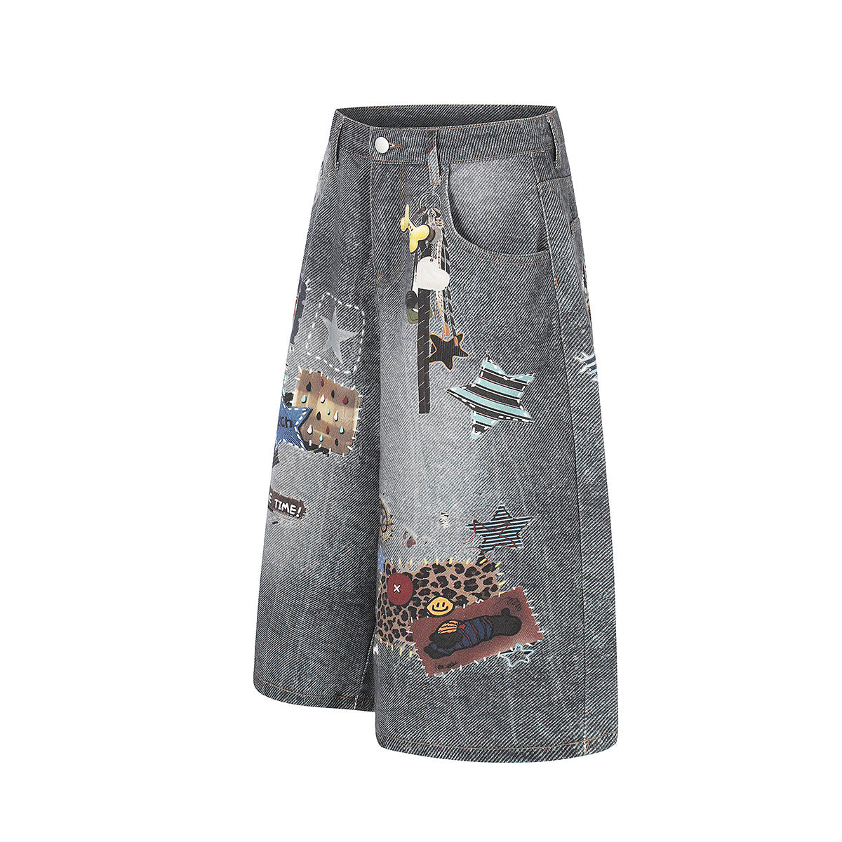 Applique Patchwork Wide Leg Half Denim Pants WN25625