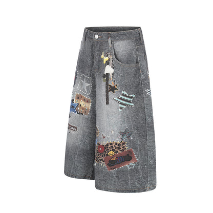 Applique Patchwork Wide Leg Half Denim Pants WN25625
