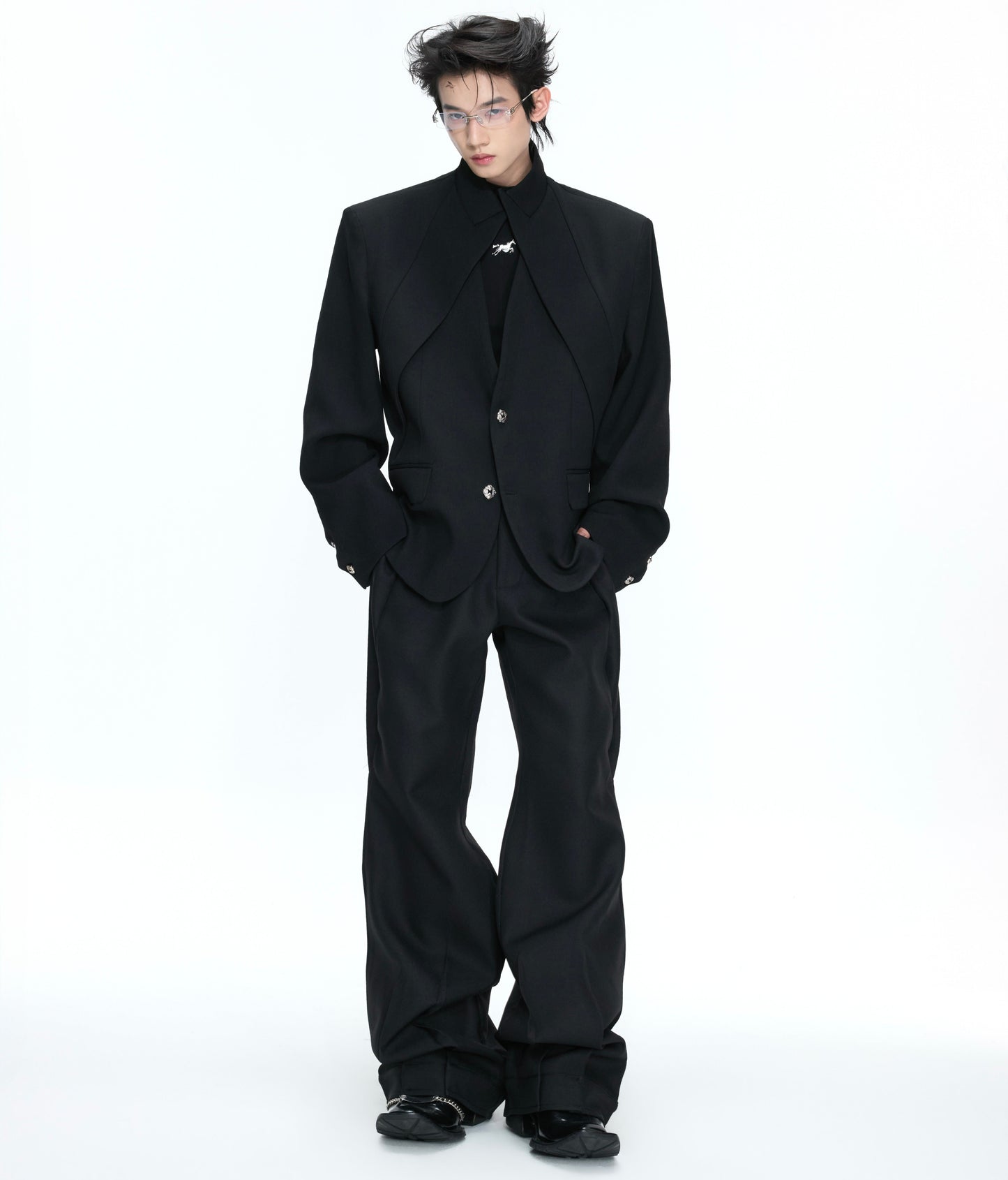 Fake Layered Stand and V-Neck Shoulder Pad Tailored Jacket & Wide Leg Trousers Setup WN26972