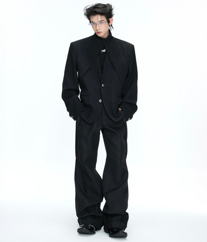 Fake Layered Stand and V-Neck Shoulder Pad Tailored Jacket & Wide Leg Trousers Setup WN26972