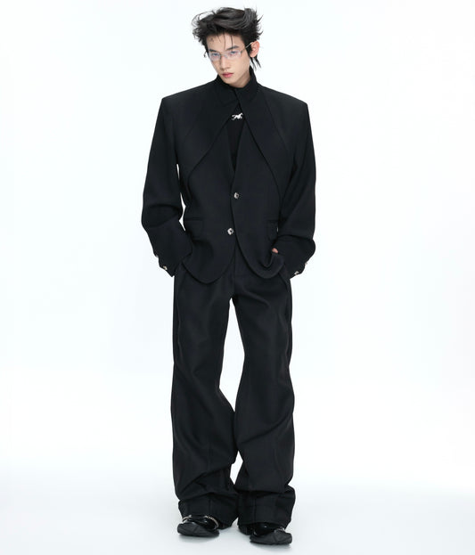 Fake Layered Stand and V-Neck Shoulder Pad Tailored Jacket & Wide Leg Trousers Setup WN26972