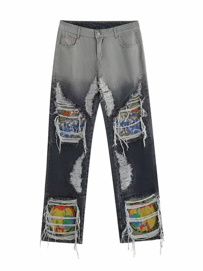 Frayed Washed Embroidery Design Denim Jeans WN18149