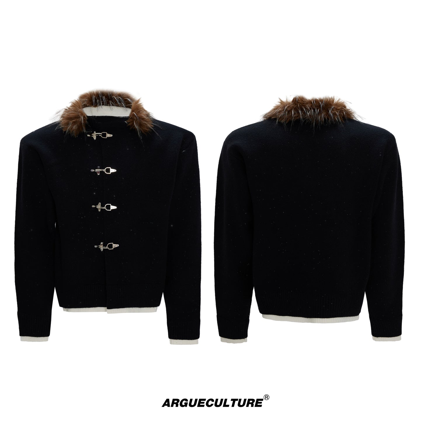 Sequin Fake Fur Collar Metal Buckle Knit Cardigan WN22592