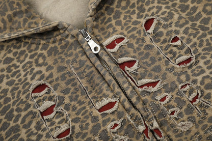 Leopard Cutout Damage Letter Zipper Hoodie WN28110