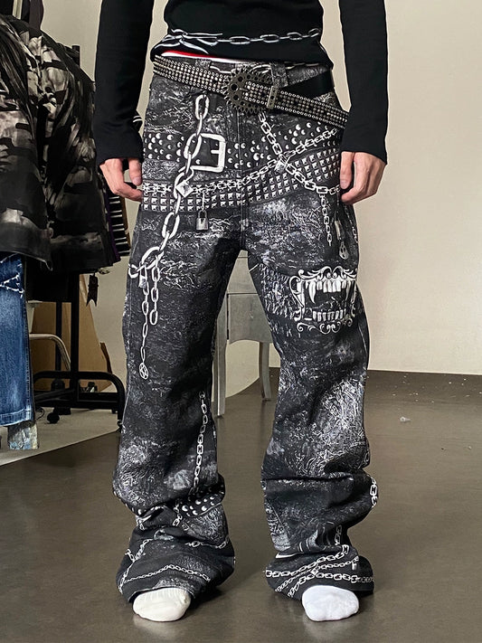 Digital Chain Print Wide-Leg Straight Pants WN17093