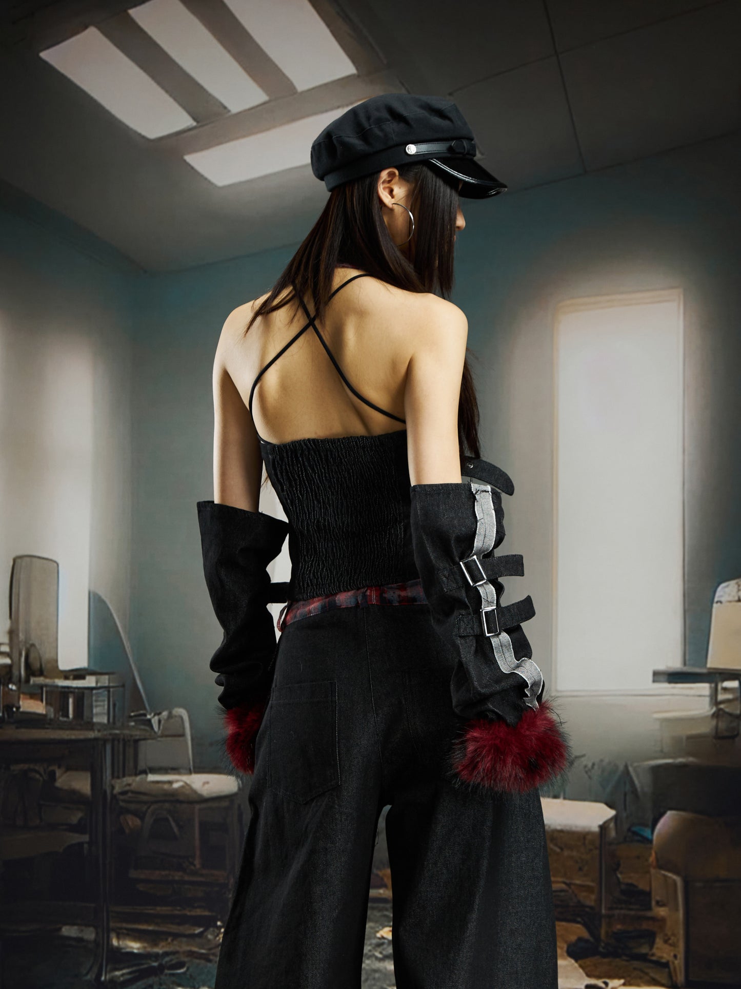 Plaid Patchwork Lace-Up Fake Fur Denim Sleeveless Shirt & Pants Setup WN22730