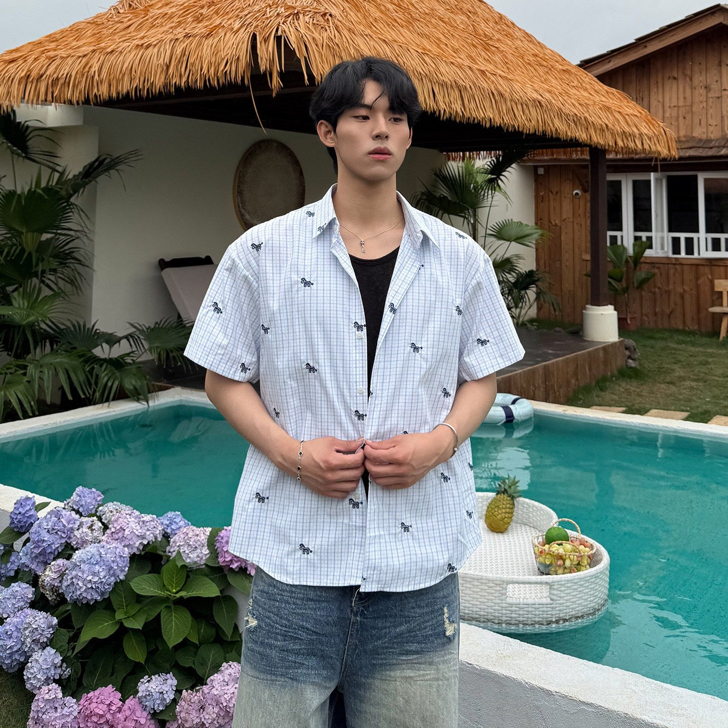 Check Animal Embroidery Short Sleeve Shirt WN25015