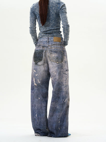 Damage Wide-Leg Straight Denim Jeans WN9477