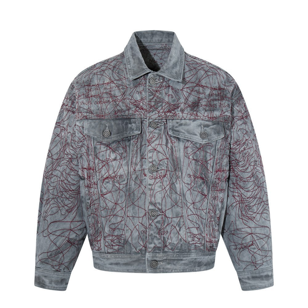 All-Over Random Stitch Embroidery Oversize Denim Jacket WN27865