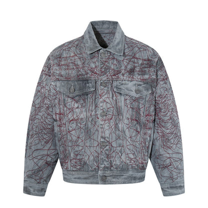All-Over Random Stitch Embroidery Oversize Denim Jacket WN27865