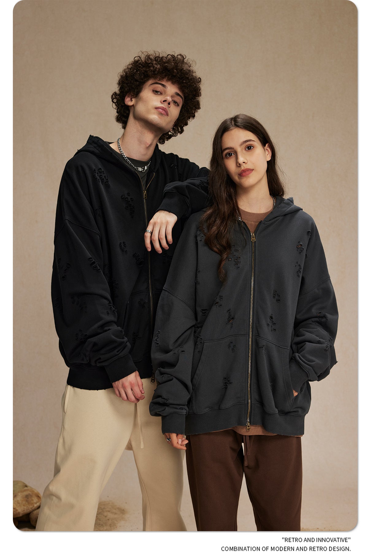 Oversize Damage Double Zipper Hoodie WN9975