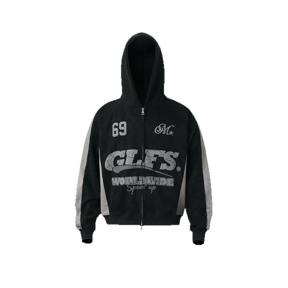 Suede Panel Letter Print Zipper Hoodie WN26524