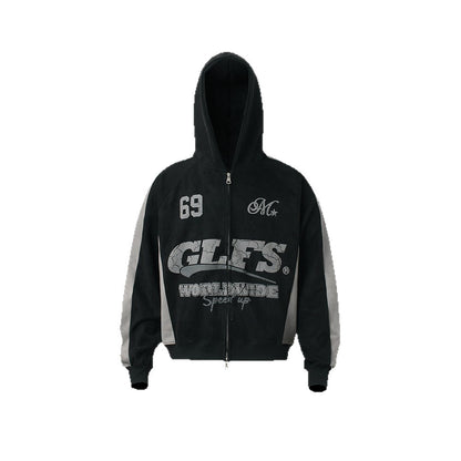Suede Panel Letter Print Zipper Hoodie WN26524