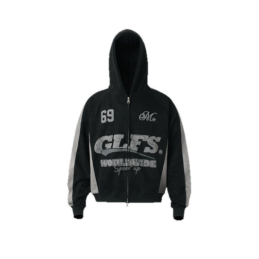 Suede Panel Letter Print Zipper Hoodie WN26524