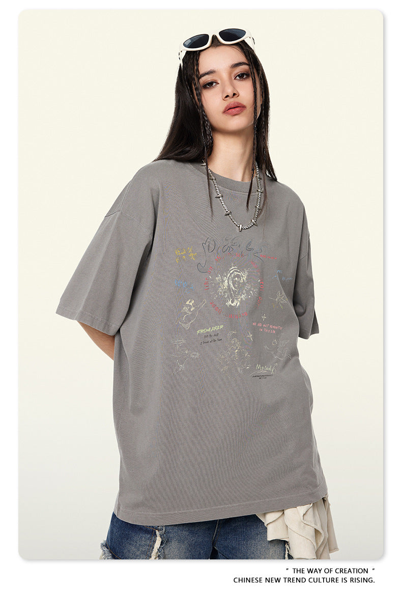 Washed Angel Print Round Neck Short Sleeve T-Shirt WN7833