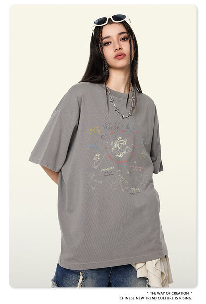 Washed Angel Print Round Neck Short Sleeve T-Shirt WN7833