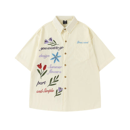 Corduroy Floral Embroidery Short Sleeve Shirt WN26835