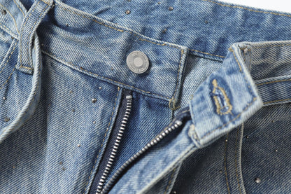 Rhinestone Drawstring Wide Leg Denim Jeans WN25560