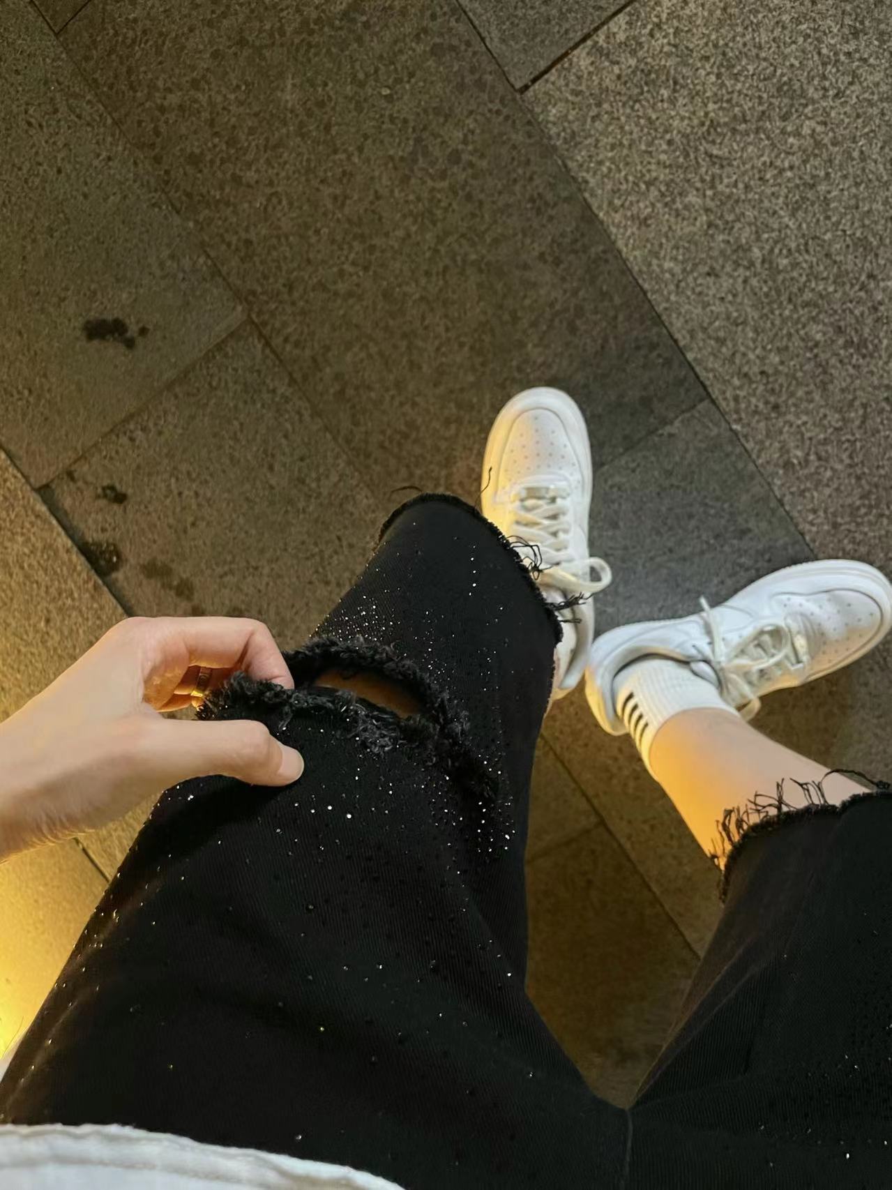 Rhinestone Damage Denim Half Jeans WN20699