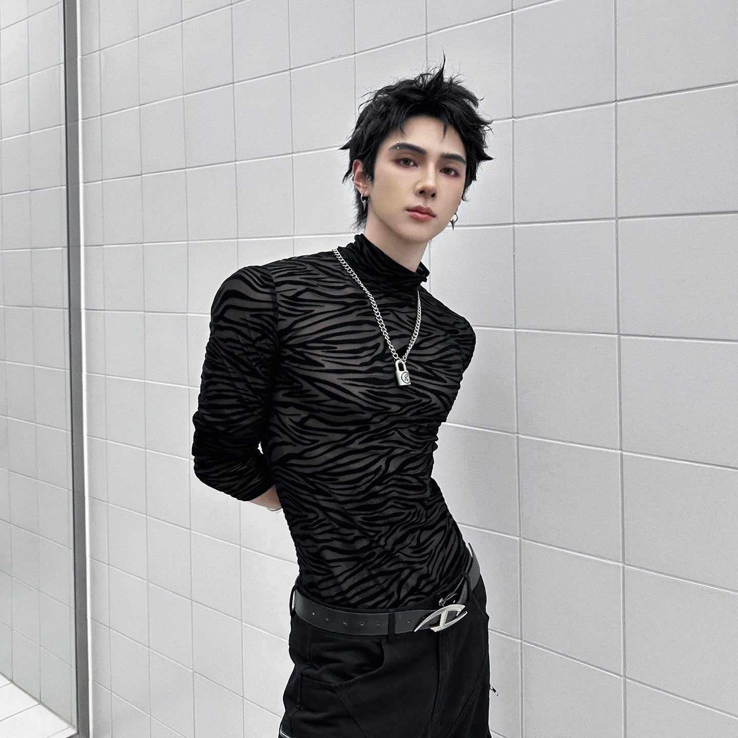 Zebra Pattern High-Neck Long Sleeve T-Shirt WN25064
