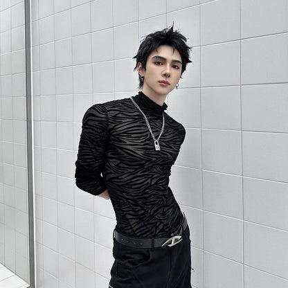 Zebra Pattern High-Neck Long Sleeve T-Shirt WN25064