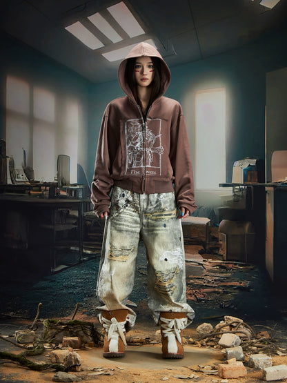 3D Lace Bead Print Straight Denim Jeans WN20578