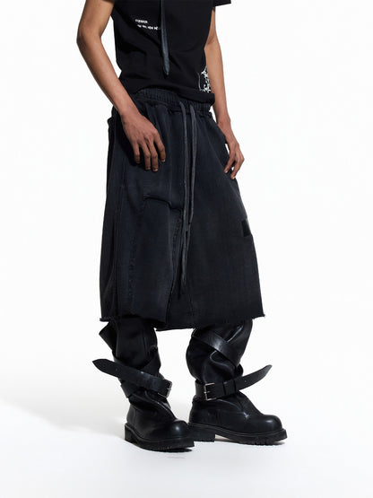 Cross Print Washed Raw-Edge Half Pants WN27433