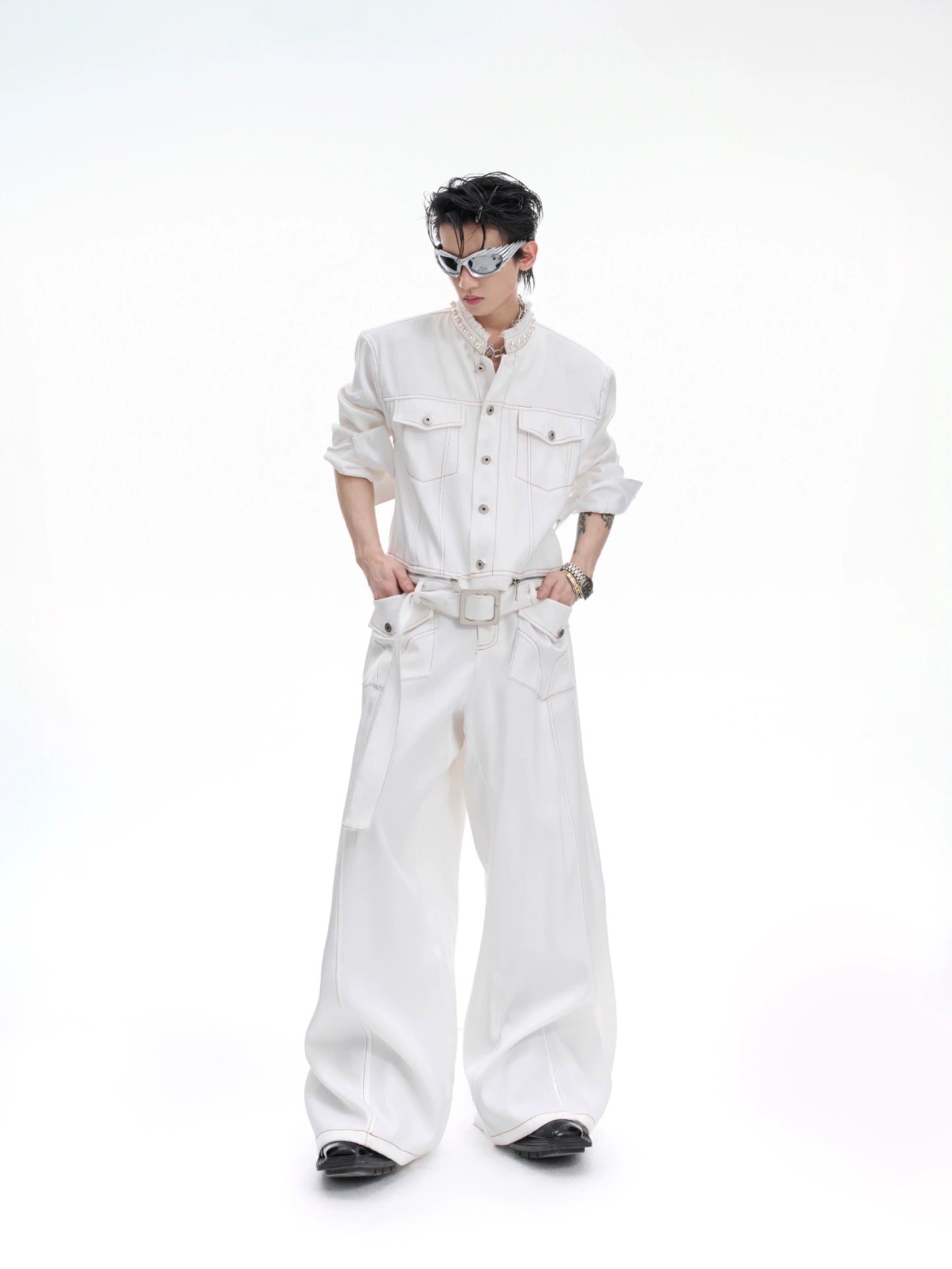 Pearl Detail Collarless Short Denim Jacket & Cargo Denim Jeans Setup WN20513