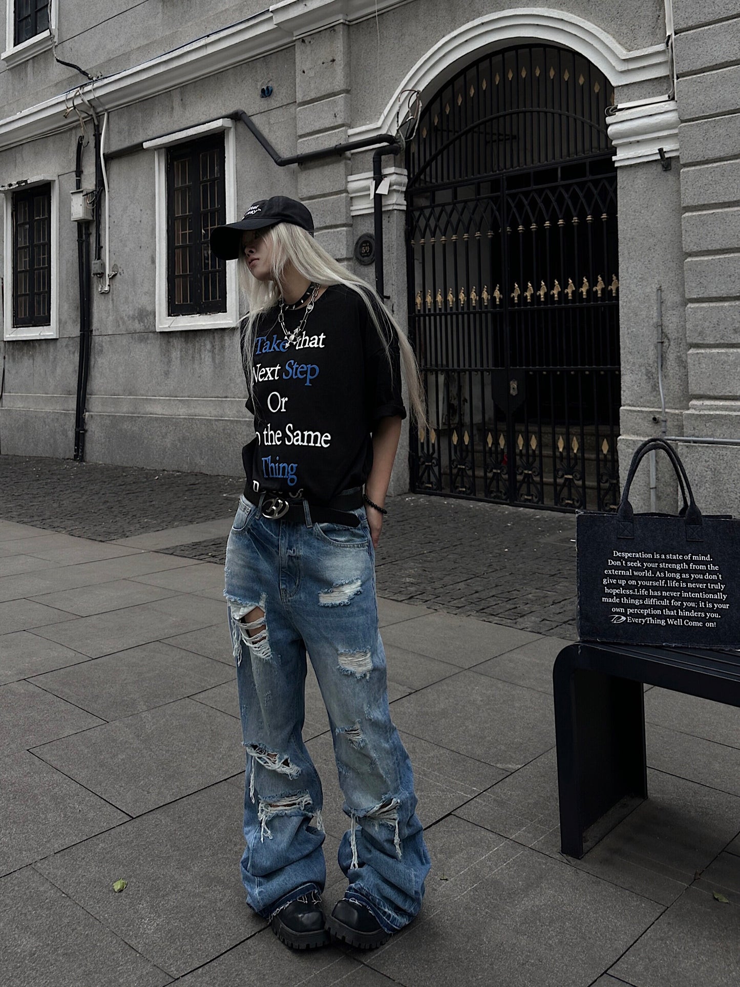 Cutout Damage Fringe Whisker Stacked Flare Denim Jeans WN24226