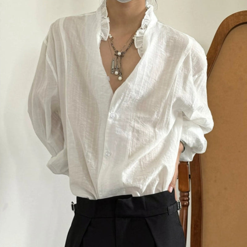 Pleats Lace V-Neck Elegant Long Sleeve Shirt WN19992