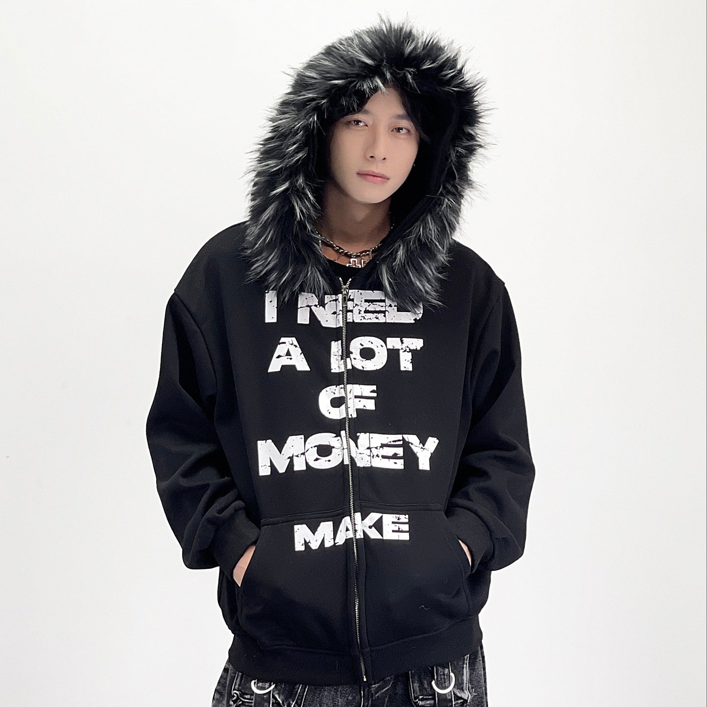 Letter Detachable Fake Fur Fleece Lining Hoodie WN24252