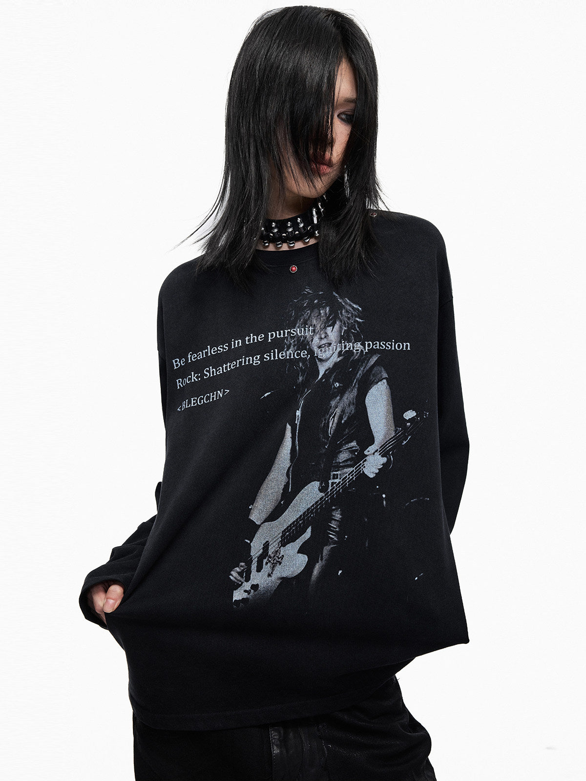 Washed Guitar Portrait Slogan Print Long Sleeve T-Shirt WN27324