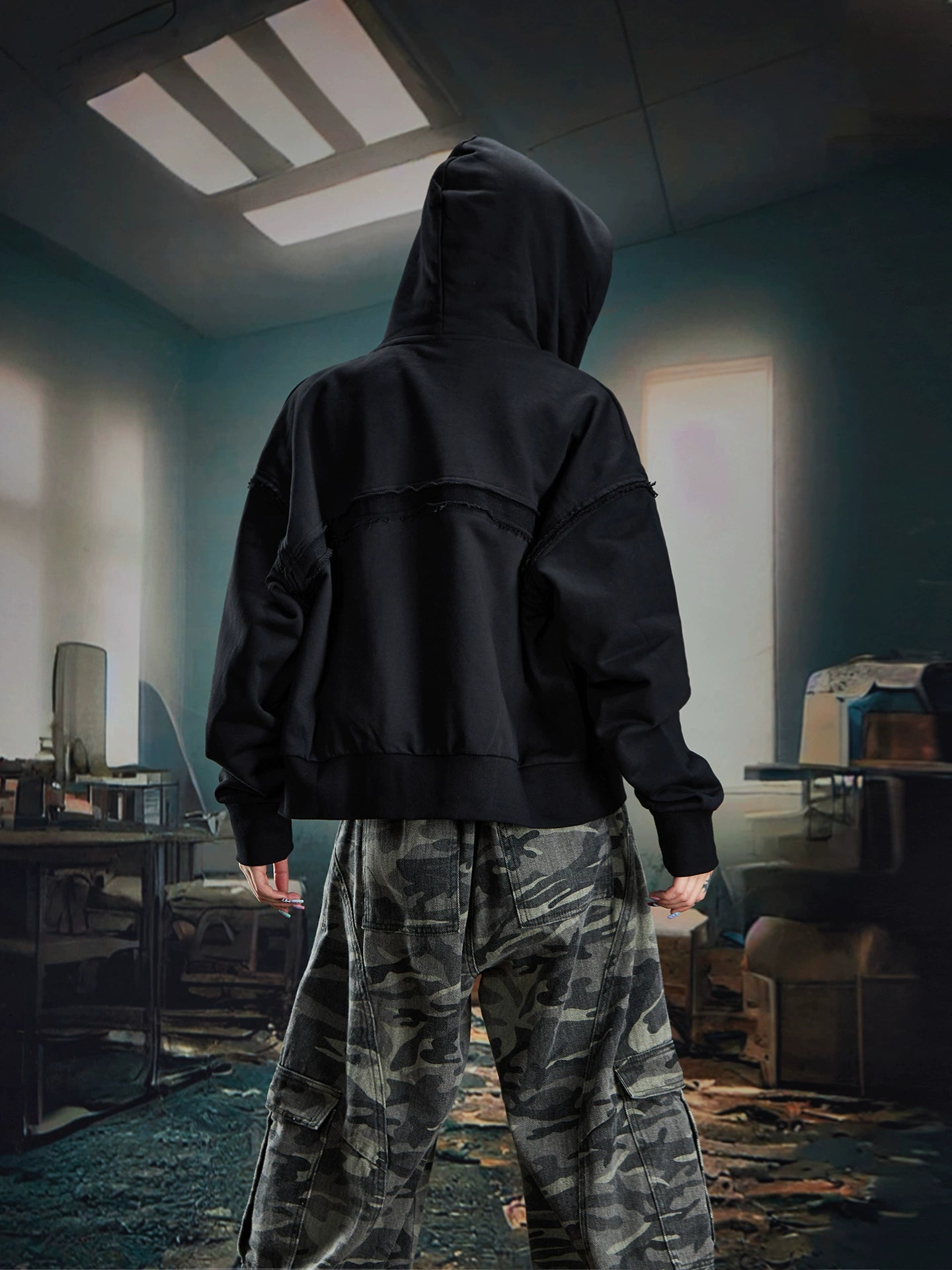 Fringe Deconstructed Patchwork Short Zipper Hoodie WN20583