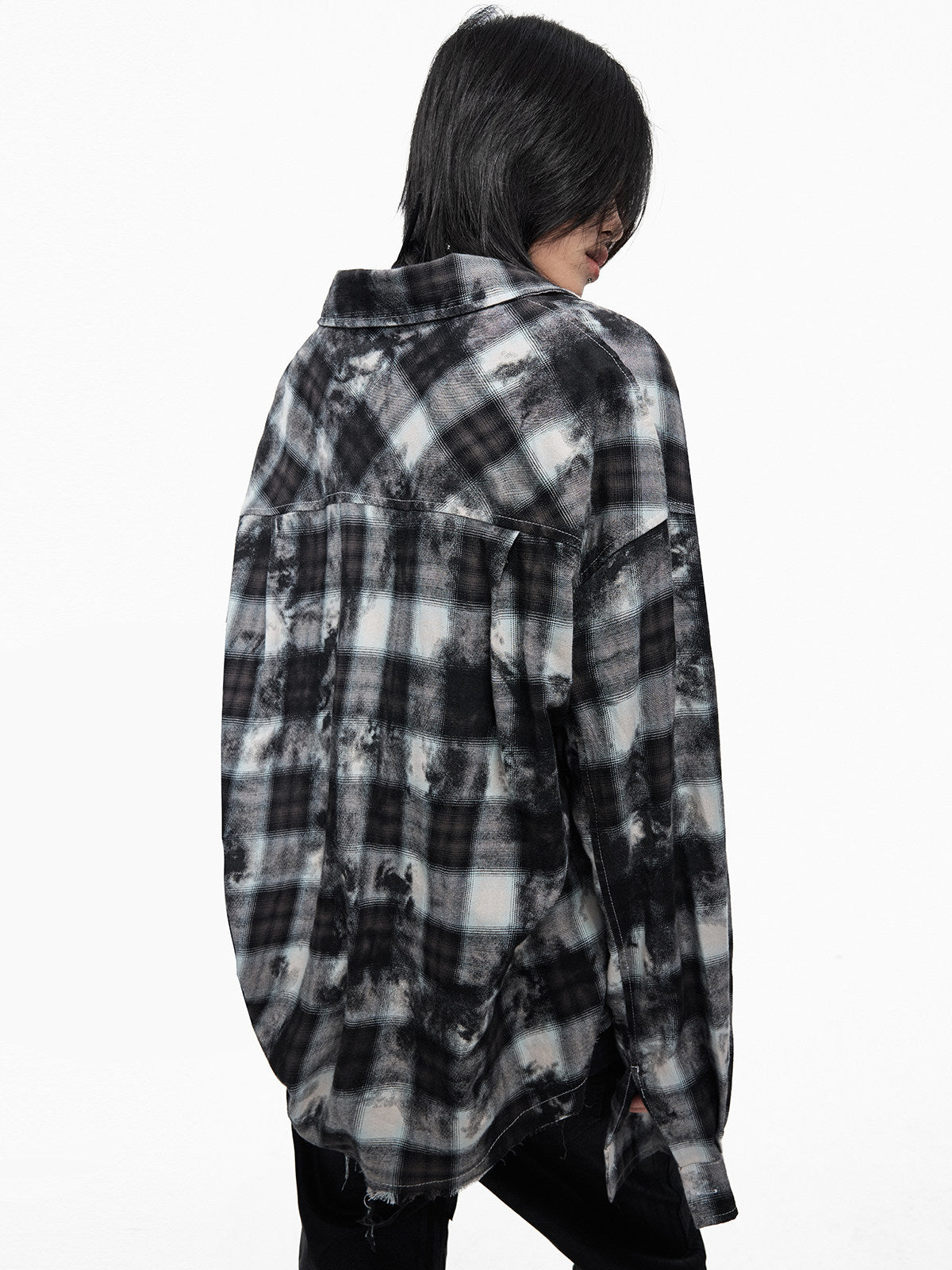 Plaid Washed Raw Hem Oversize Long Sleeve Shirt WN27344