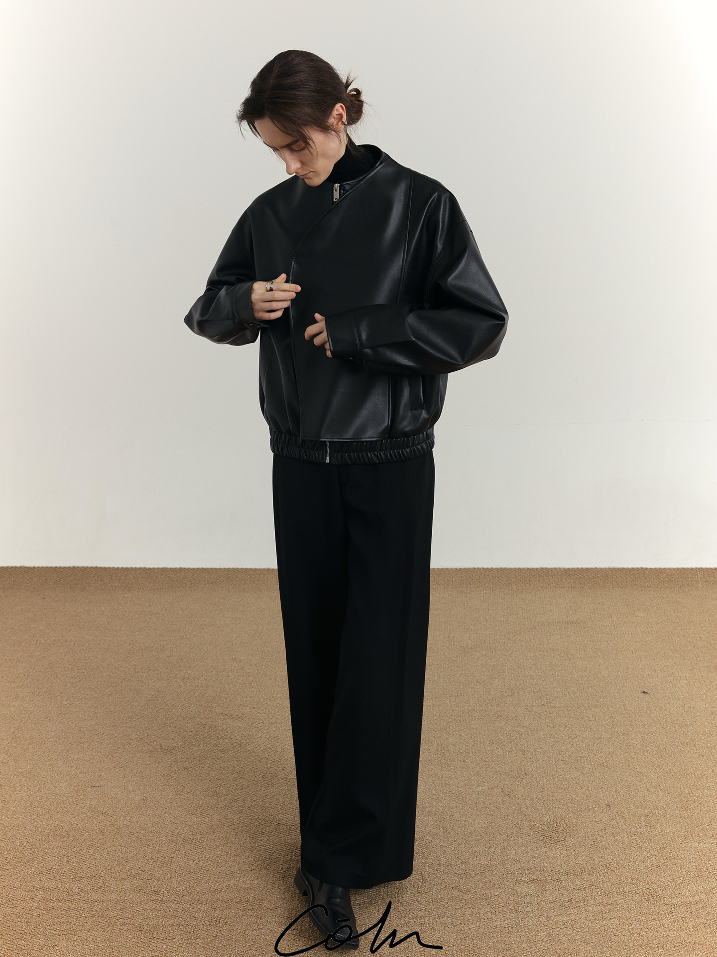 Curved Placket Zipper PU Leather Jacket WN21650