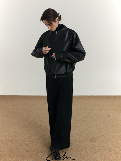 Curved Placket Zipper PU Leather Jacket WN21650