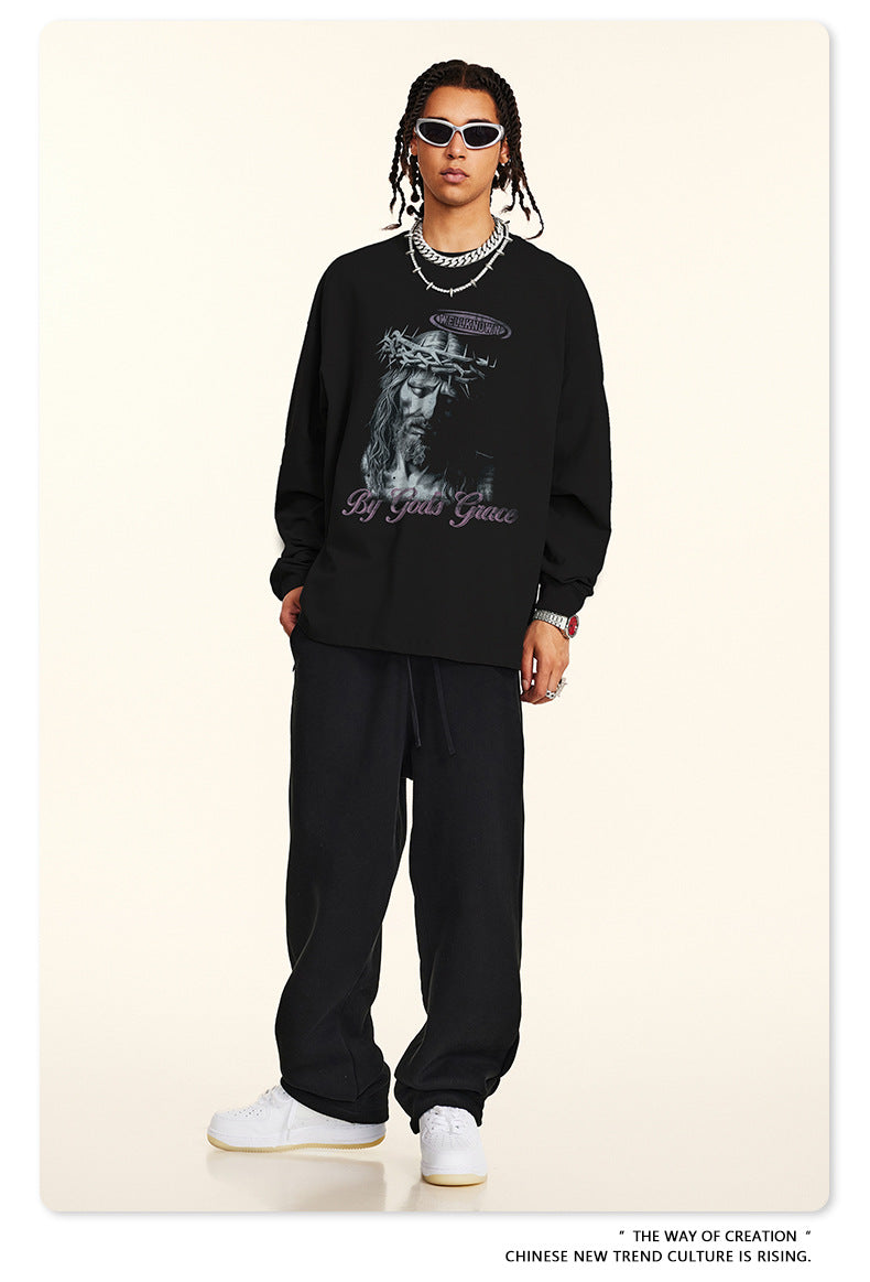 Water Washed Wax Print Long Sleeve T-Shirt WN7885