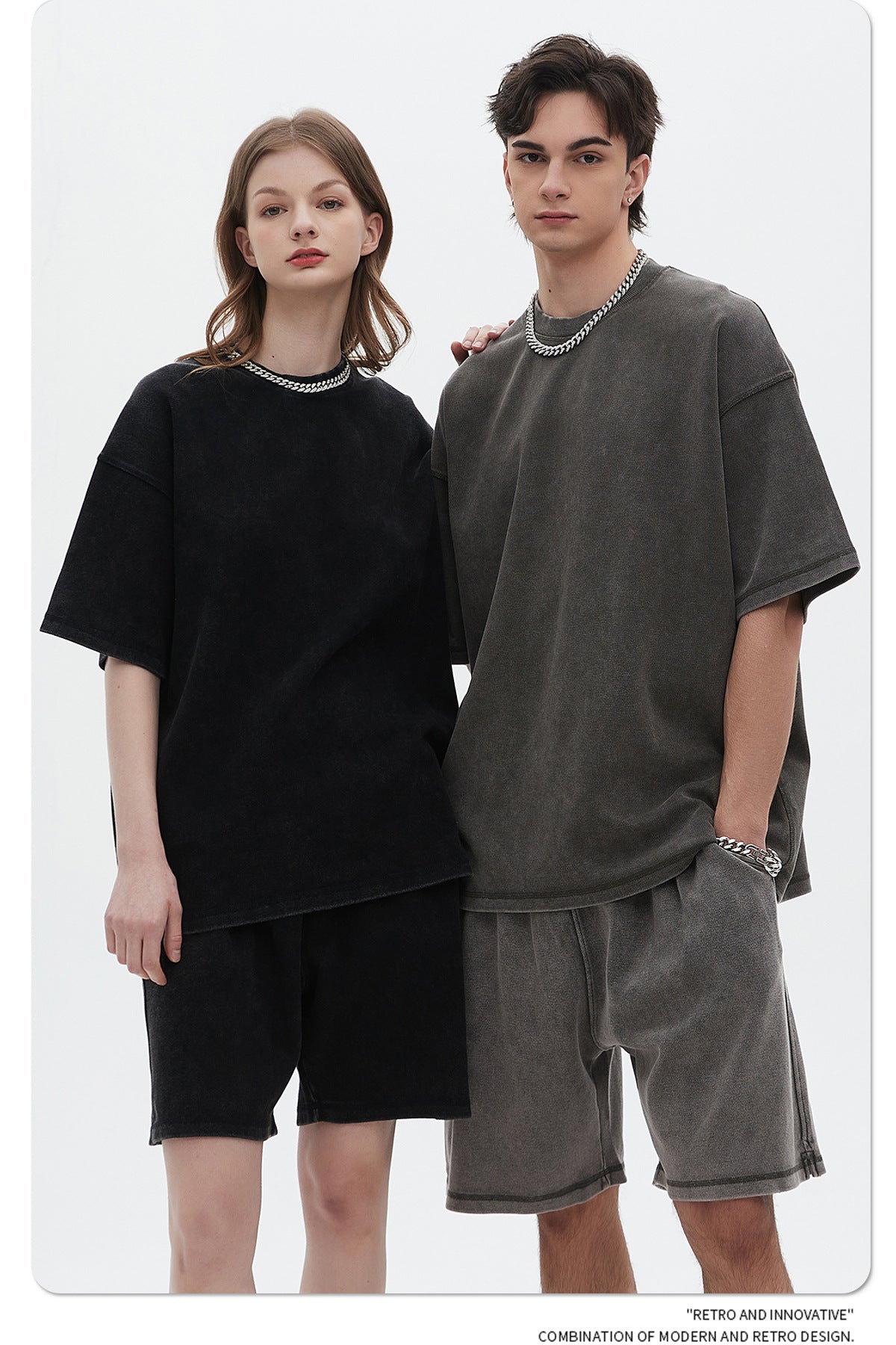 Oversize Washed Short-sleeve T-shirt & Washed Short Sweatpants Setup WN6612