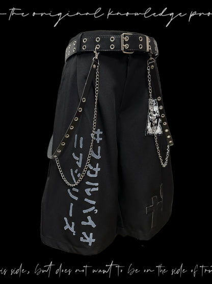 Graphic Letter Patchwork Pocket Tailored Half Pants & Belt & Chain WN20133