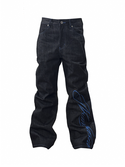 Straight Contrast Stitch Graphic Denim Jeans WN27215