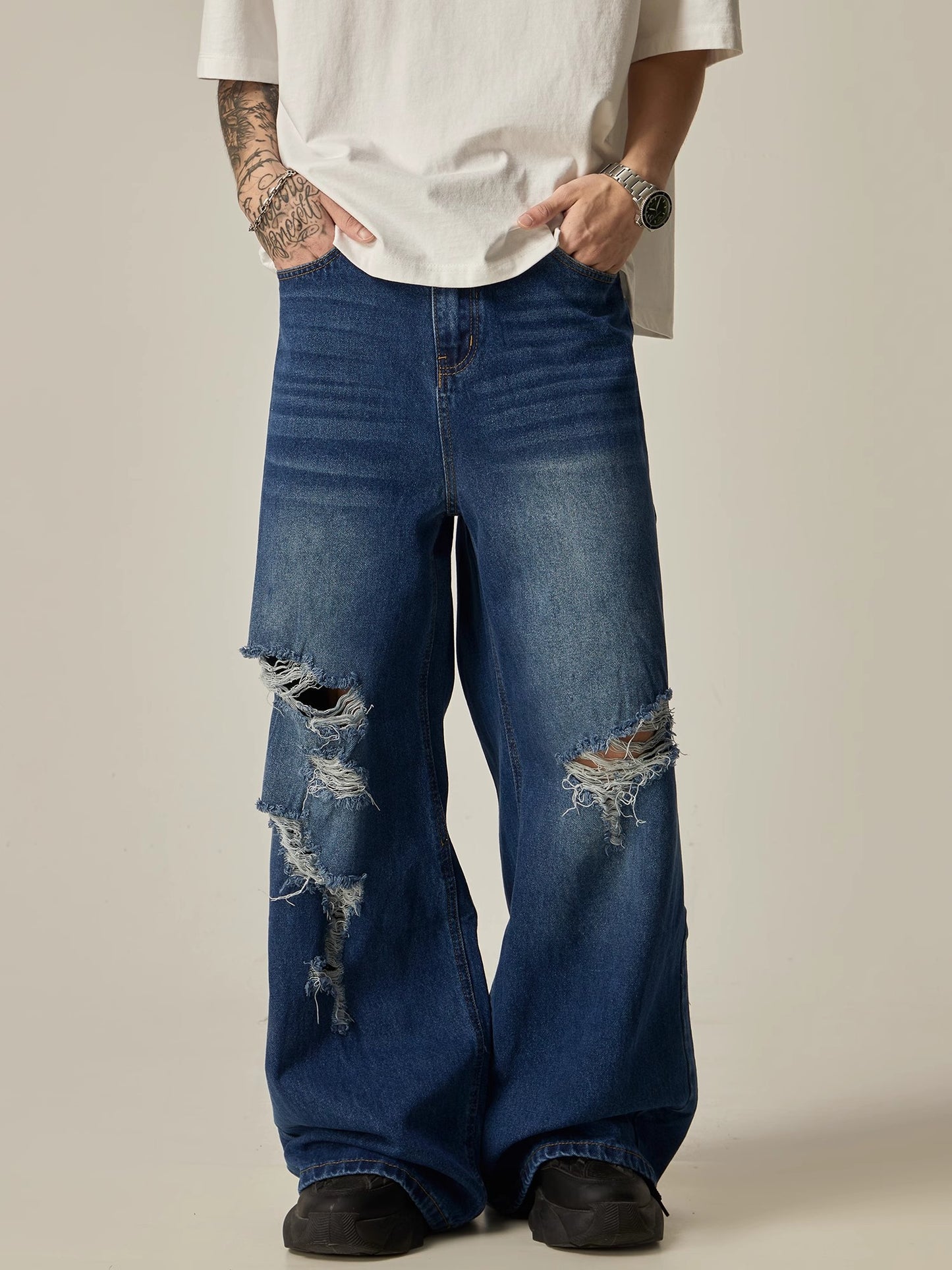 Damage Wide-Leg Straight Denim Jeans WN7762