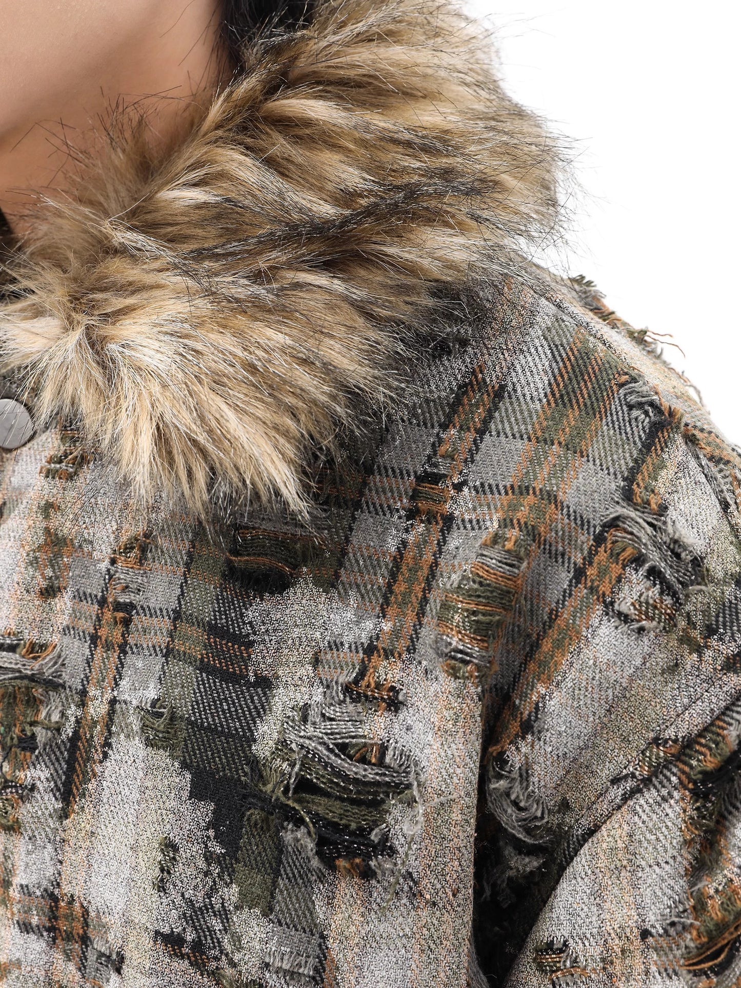 Detachable Fur Plaid Thickened Puffer Jacket WN10358