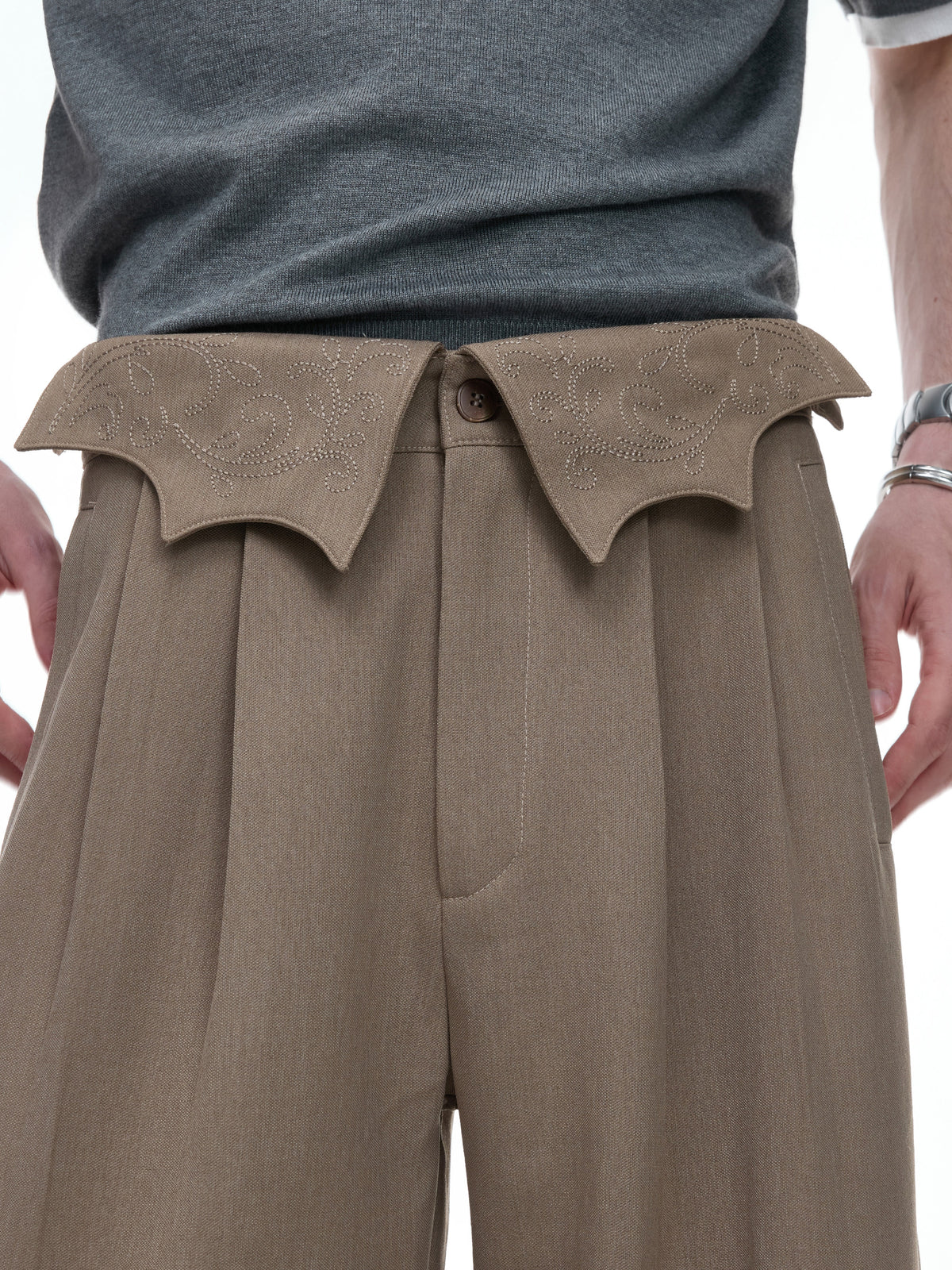 Irregular Fold-Over Waist Embroidery Wide Leg Pants WN27032