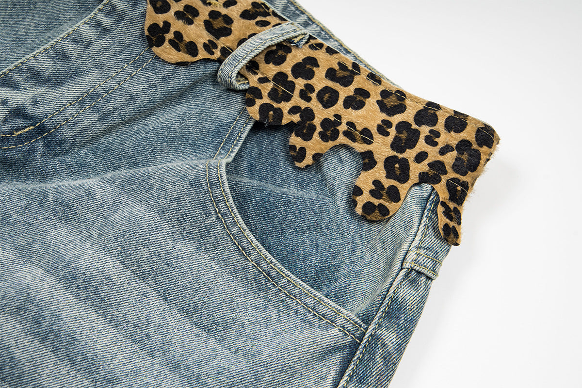 Leopard Print Damage Half Denim Jeans WN25462