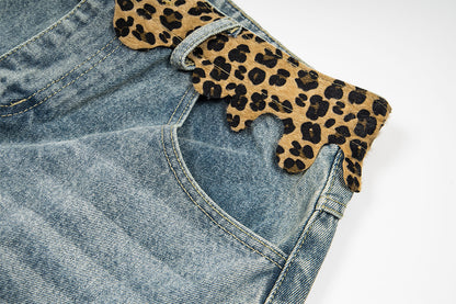Leopard Print Damage Half Denim Jeans WN25462